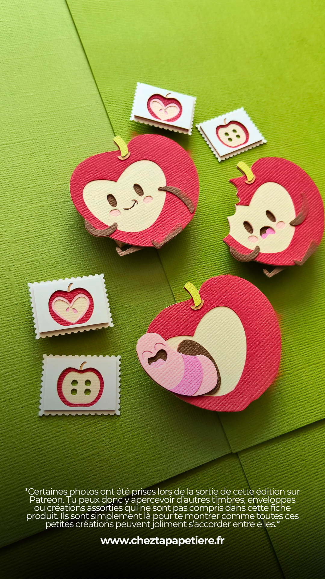 Ornements petites pommes en papier découpé en relief, pomme entière et pomme croquée, créations artisanales Amapola